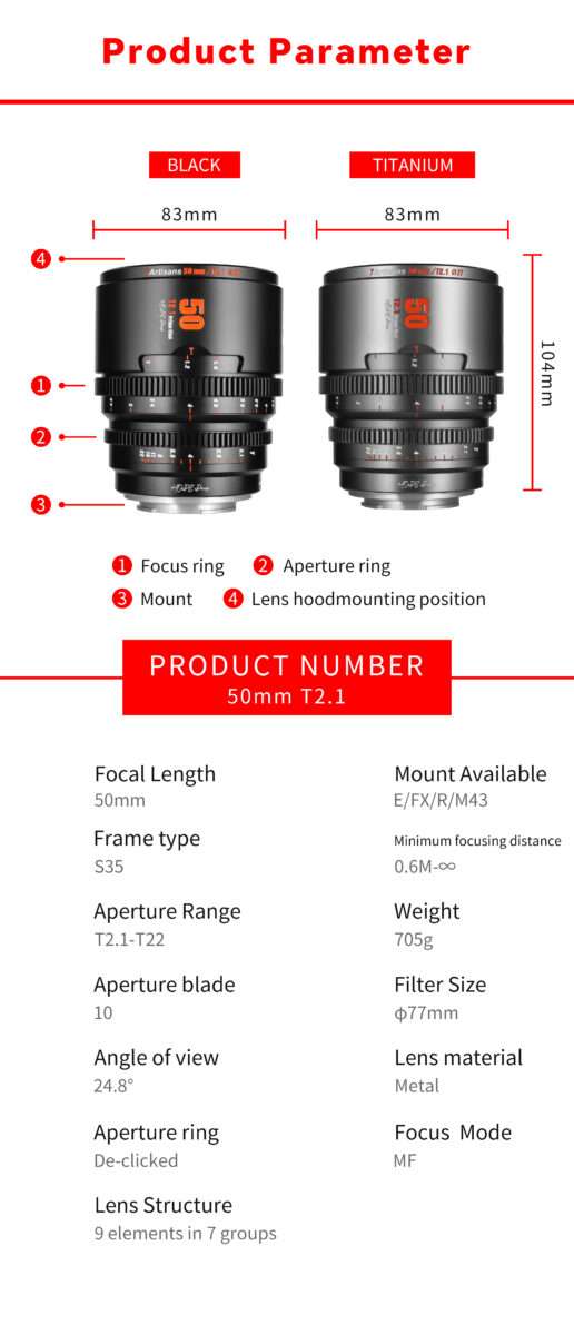 Spesifikasjoner 50mm. HOPE cine lesn fra 7artisans.no